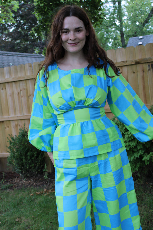 Nellie Top in Aquamarine Check