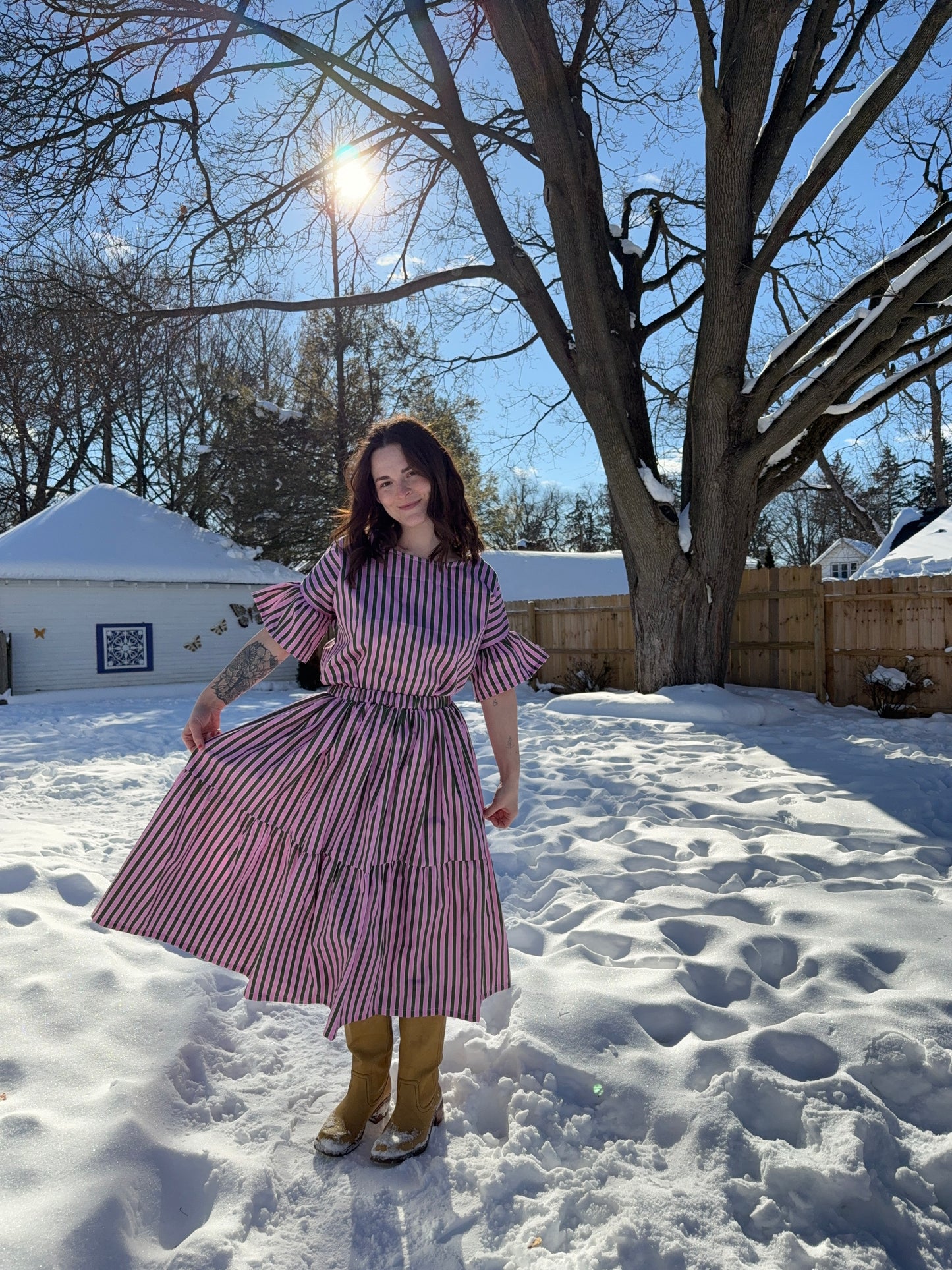 Lola Skirt in Pink + Olive Stripe