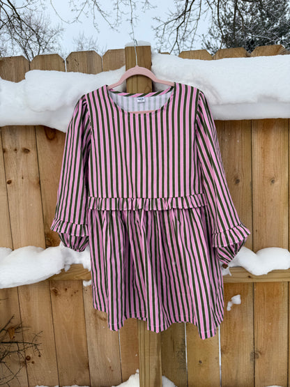 Nellie Dress in Pink + Olive Stripe