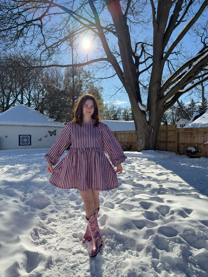 Nellie Dress in Pink + Olive Stripe