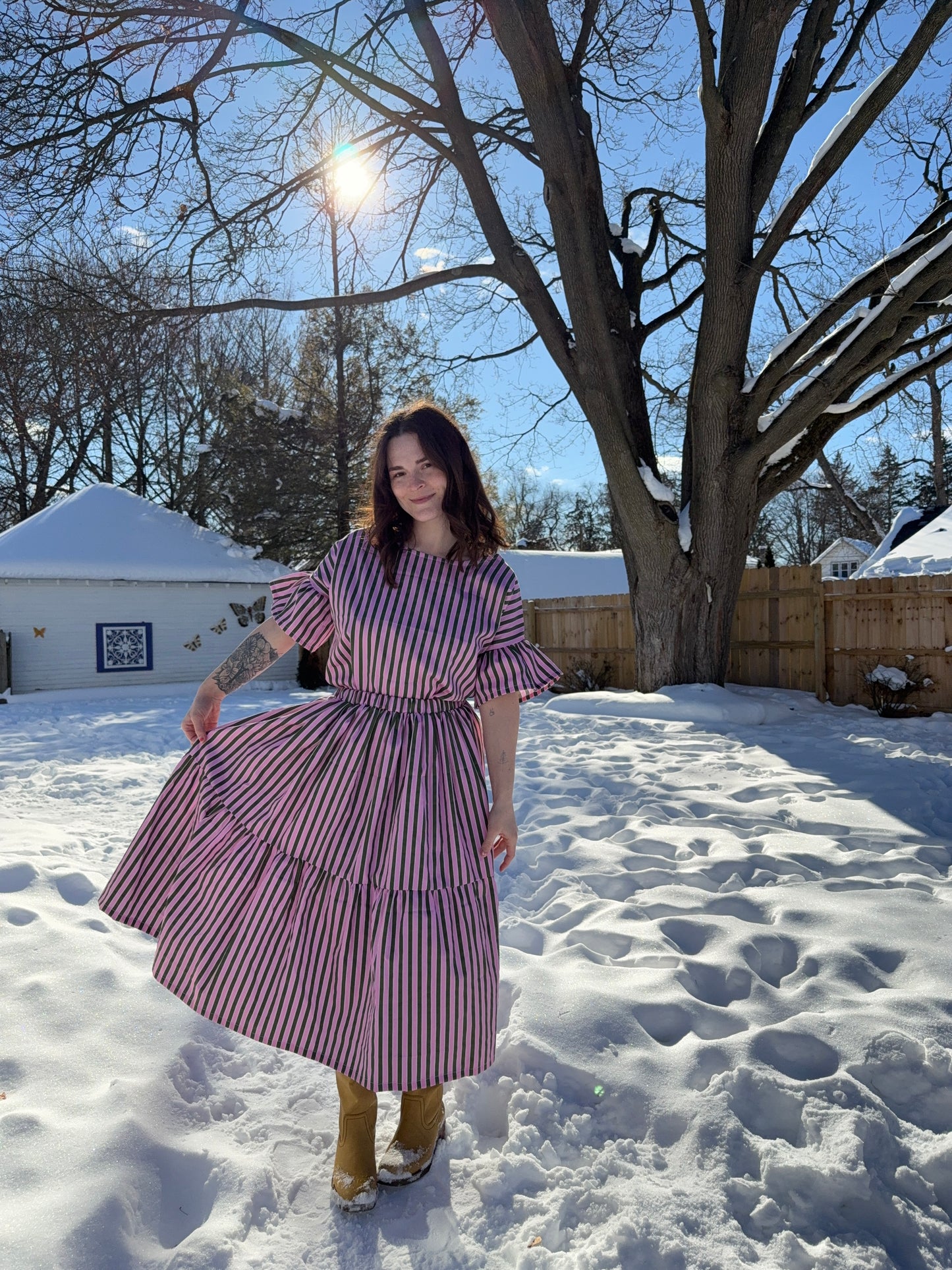 Lola Skirt in Pink + Olive Stripe