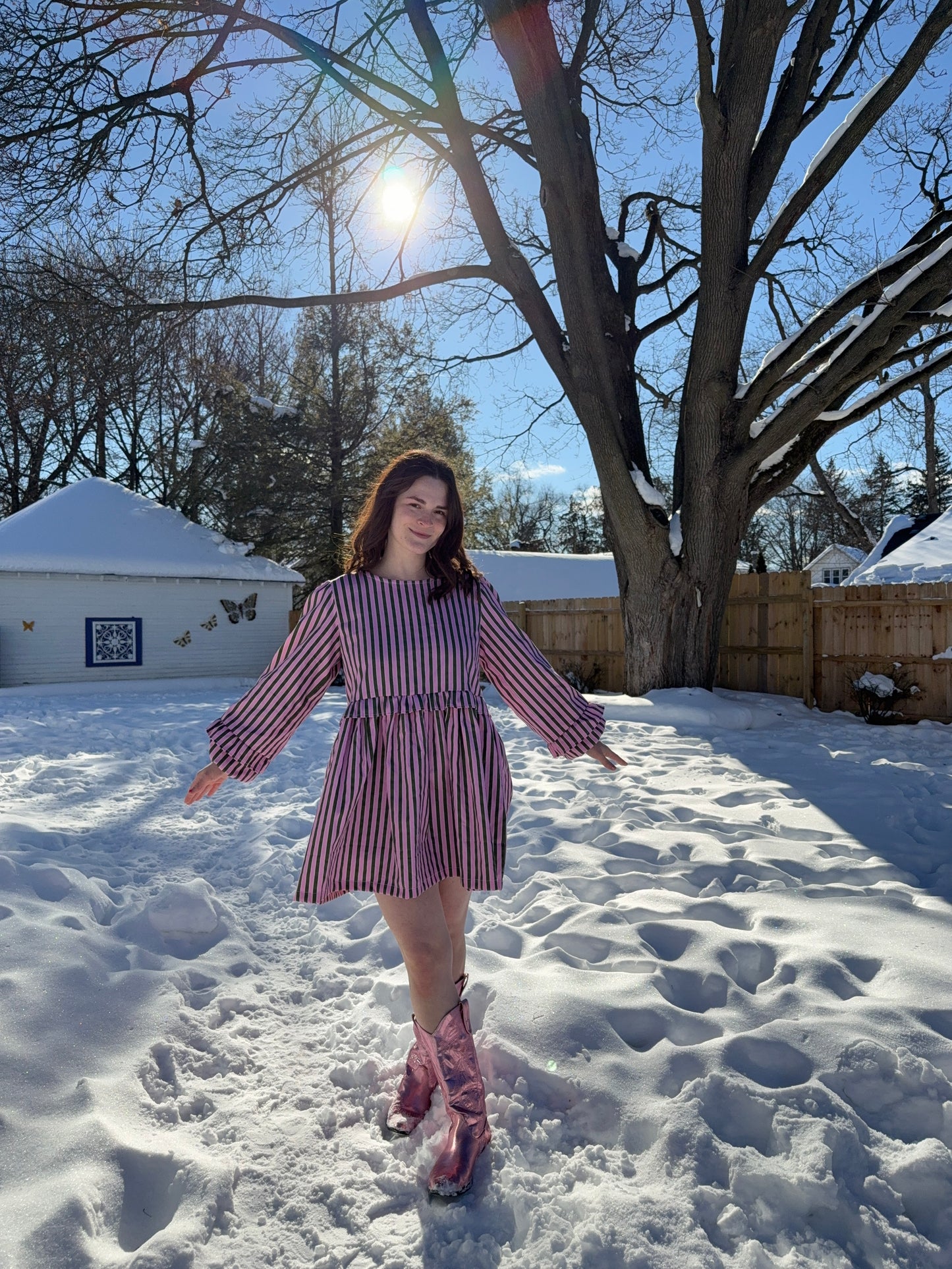 Nellie Dress in Pink + Olive Stripe