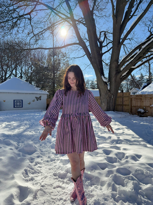 Nellie Dress in Pink + Olive Stripe